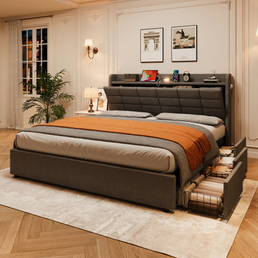 5ft King Bed Frame With Hydraulic Storage & Headboard, Storage And Drawers